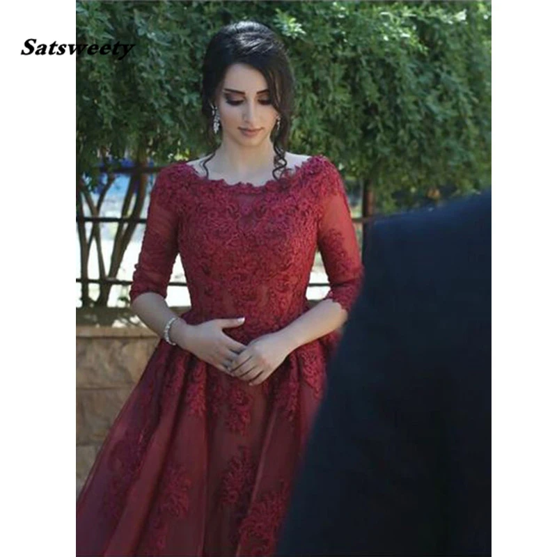 Burgundy-Lace-Evening-Gowns-Scoop-Neck-3-4-Long-Sleeves-Appliques-Tulle-Saudi-Arabic-Prom-Gowns (1)
