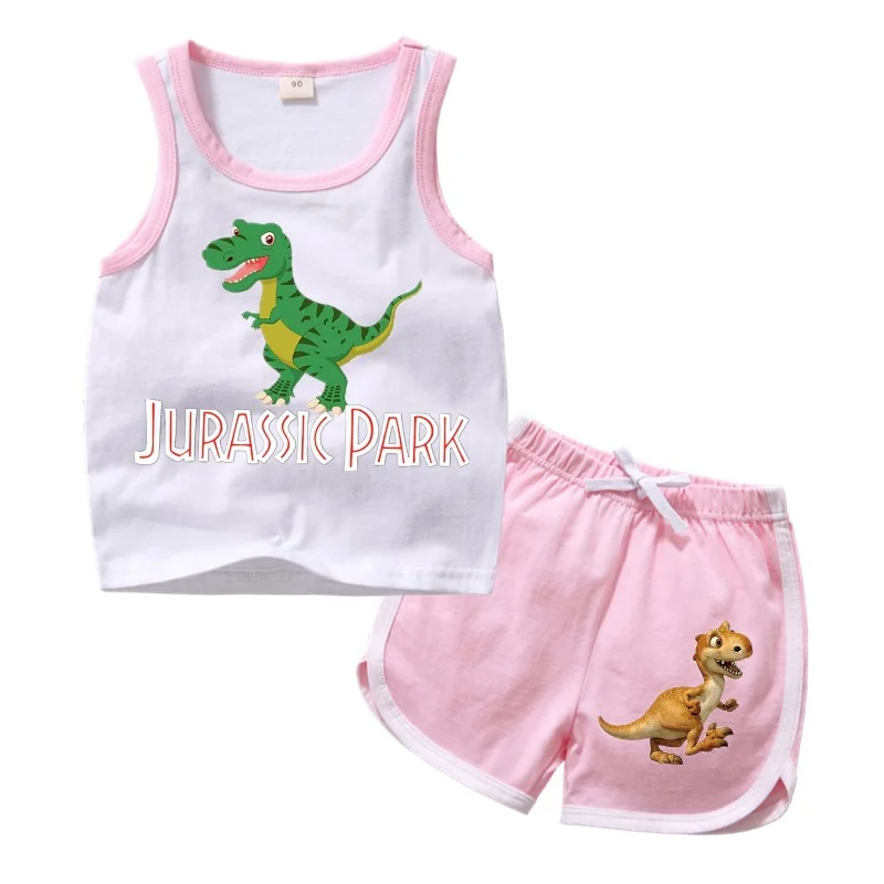 Летняя одежда для маленьких мальчиков; жилет с принтом Микки и шорты; комплект одежды для маленьких детей; комплекты для девочек; спортивные костюмы с динозаврами