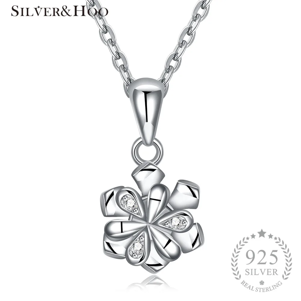 SILVERHOO 925 пробы Серебряный цветок колье-подвеска с Ясно Циркон для женщин ювелирные украшения вращающийся элегантный дизайн