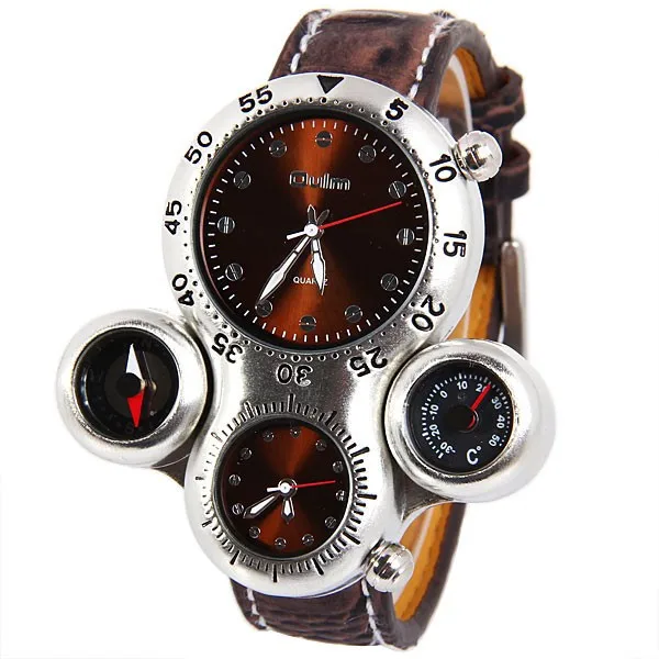  OULM Brand Men's Military Watch with Dual Movement Compass and Thermometer Function Brown Dial Leat