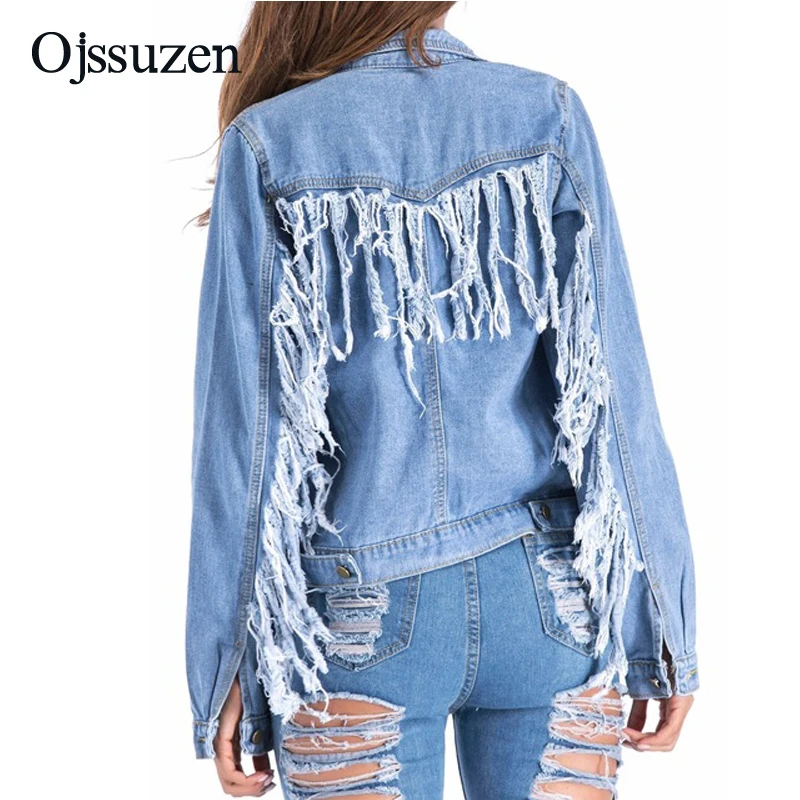 2019 Ladies Denim Coat Tassel Jackets Female Vintage Plus Size Jeans