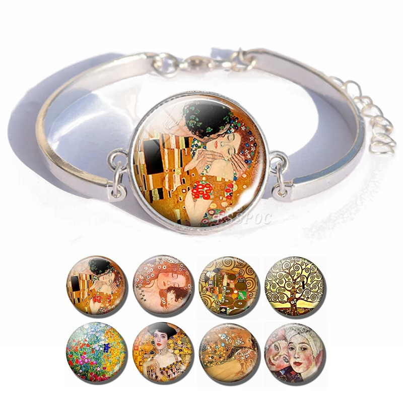 

Gustav Klimt's Famous Painting Picture Glass Cabochon Silver Plated Bracelet Bangle The Kiss,Fulfillment, Tree of Life Bracelet