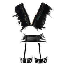 Перо жилет бандаж 1 компл. клетка Топ Холтер с высокой талией подвязки Ремни нижней Отрегулируйте Lingeire Для женщин костюм черный