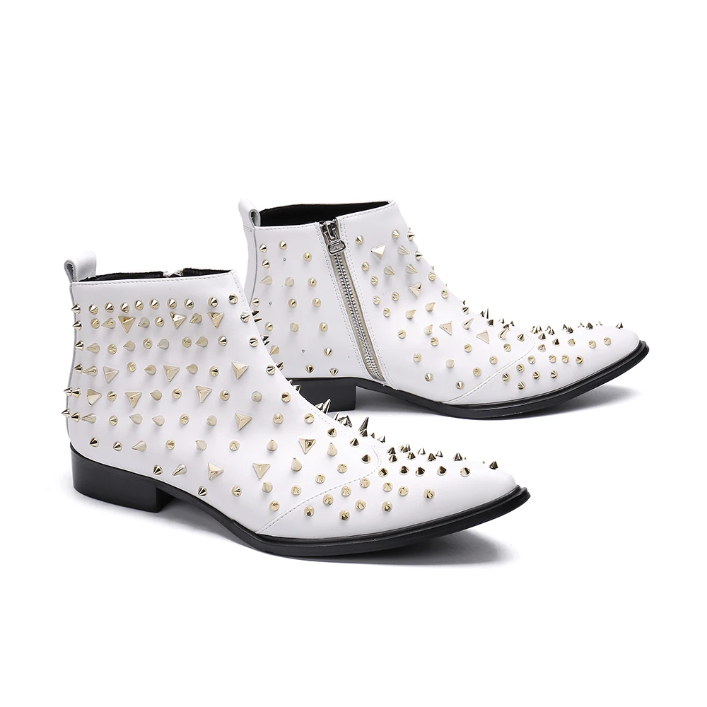 

Genuine Leather zip rivet ankle boots Fashion high-top falt dress shoes pointed toe Martin boots big size 46