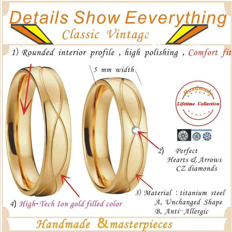 Unique Alliances Engagement Wedding Band Couple rings pair gold color Women's Rings Men's Ring anel de ouro bague anillos (1)