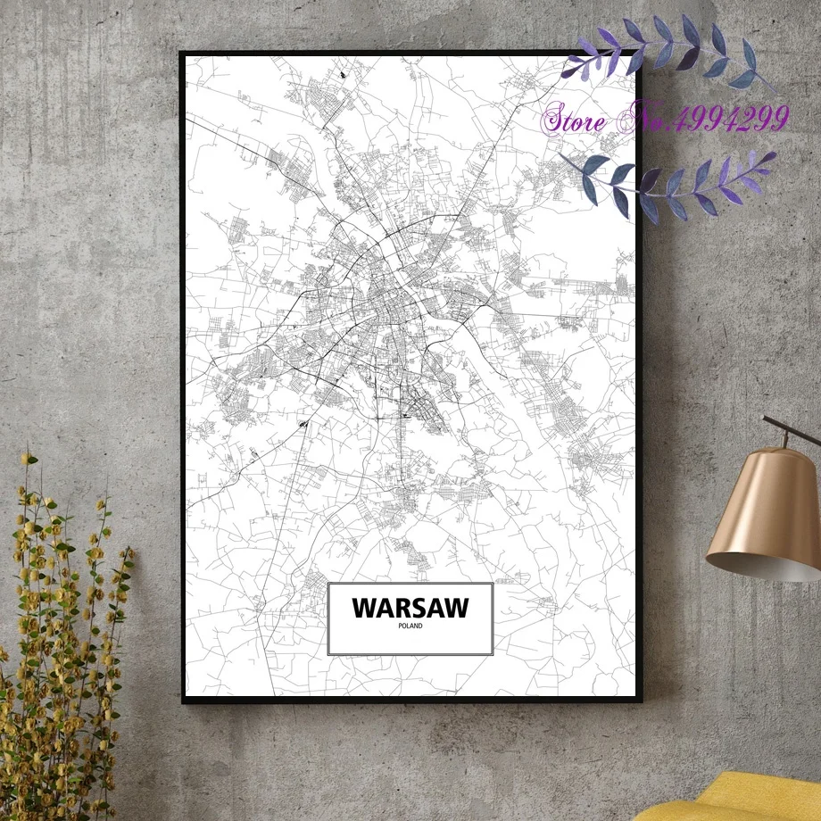 

Poland Krakow Warsaw Black White City Map Poster Canvas Art Print Home Decor