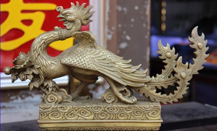 

10 "Chinese Copper Brass Home Feng Shui Lucky Fly Phoenix Bird Hold flower Statue