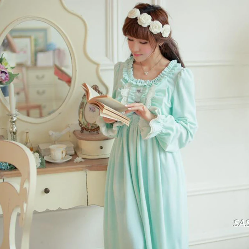 Winter Vintage Princess Sleeping Dress Long Sleeved Women Sleepwear