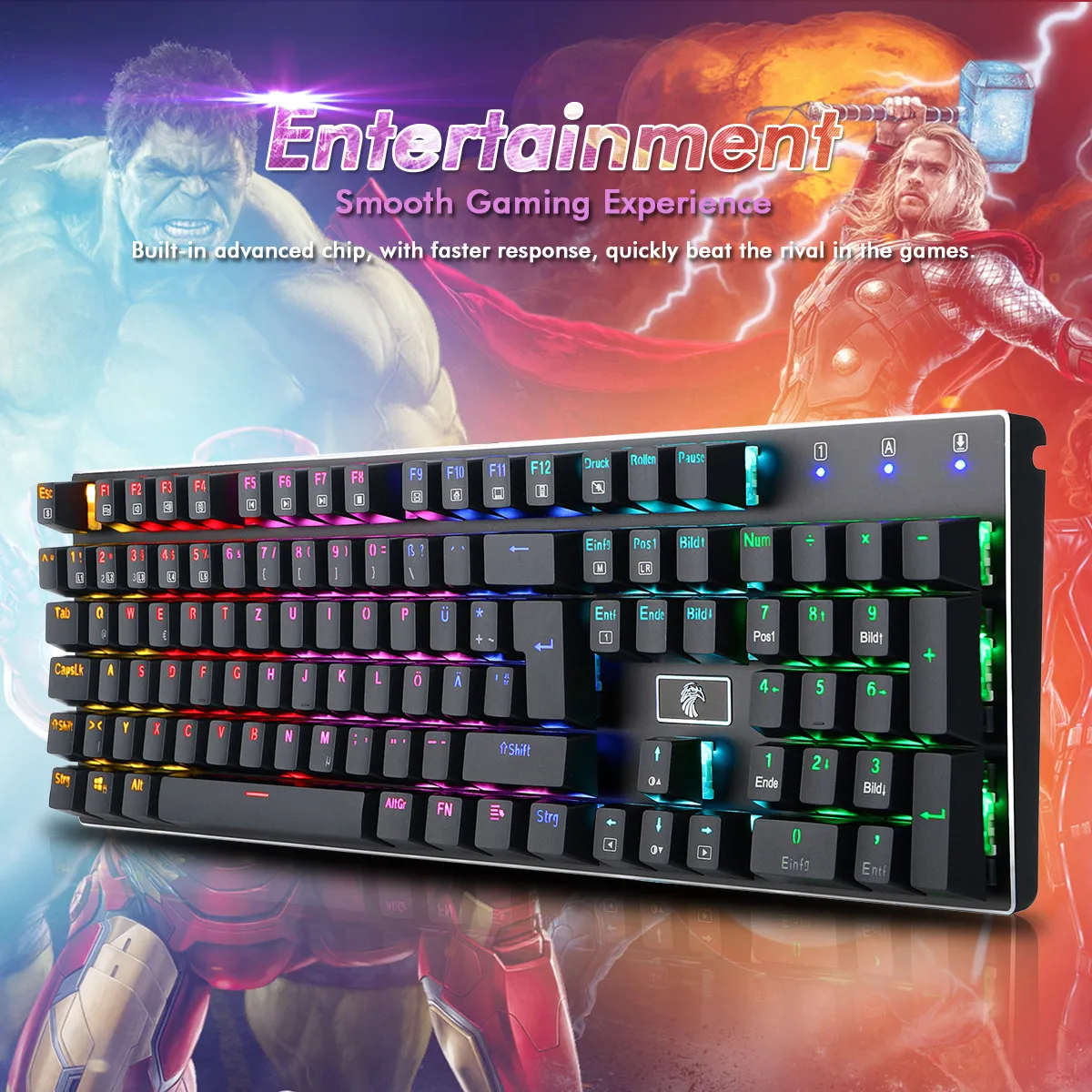 

E-YOOSO Ergonomic USB Wired Gaming Mechanical Keyboard 105 Keys Cap Metal Panel with Colorful LED Backlight (Blue)---German