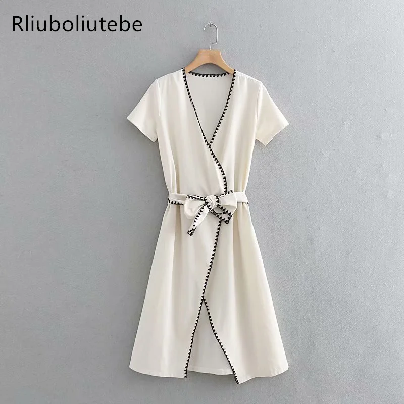 

Sexy Summer Midi Wrap Dress Women V Neck Short Sleeve Long Kimono Dress Tunic Work Office Lady Dresses Tie Retro With Belt