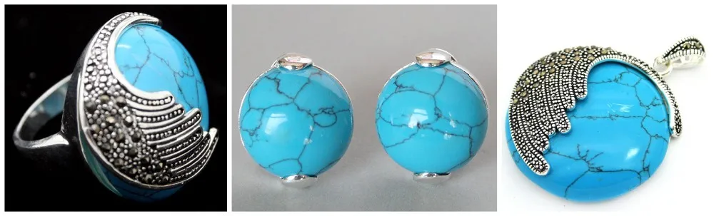 

Vintage Blue Turquoises 925 Sterling Silver Marcasite Ring (#7-10) pendant and earrings sets
