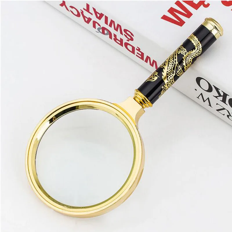 

6X handheld magnifying glass high-grade exquisite handle carved dragon and phoenix pattern imitation metal gift reading glasses