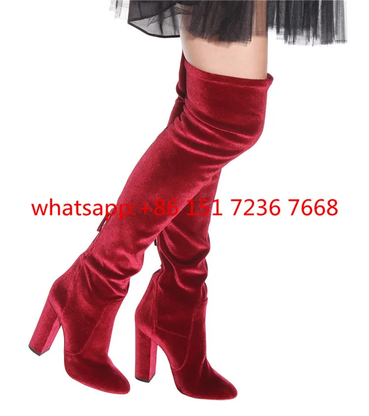 Flock Fall Winter Women Shoes Long Over Knee High Velvet Boots Chunky High Heel Pumps Slim Thigh High Booties Tight Ladies Boats