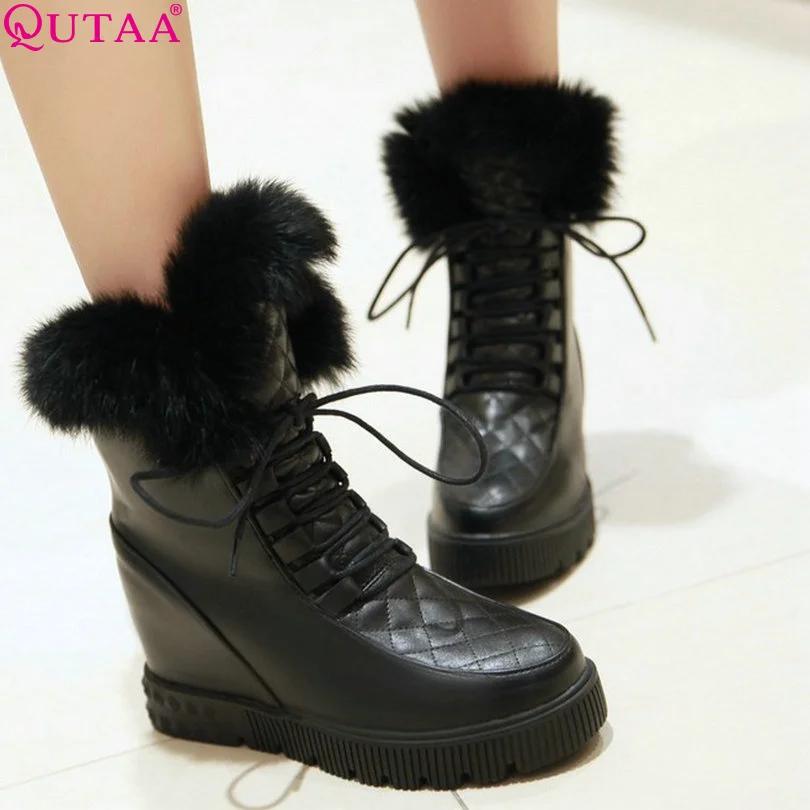 

QUTAA Black White Ladies Shoes Wedge High Heel Women Ankle Boots Lace Up Fur Platform Winter Woman Snow Boots Size 34-43