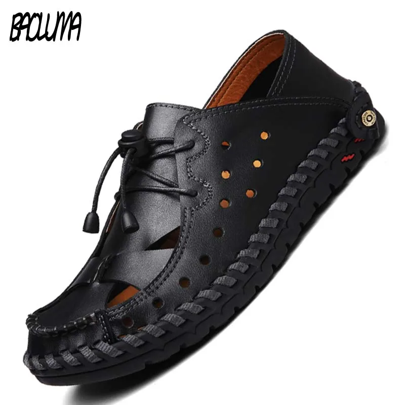 

Summer Genuine Leather Men Sandals Man High Quality Sandal Slippers Summer Breathable Male Beach Bohemia Shoes Plus Size