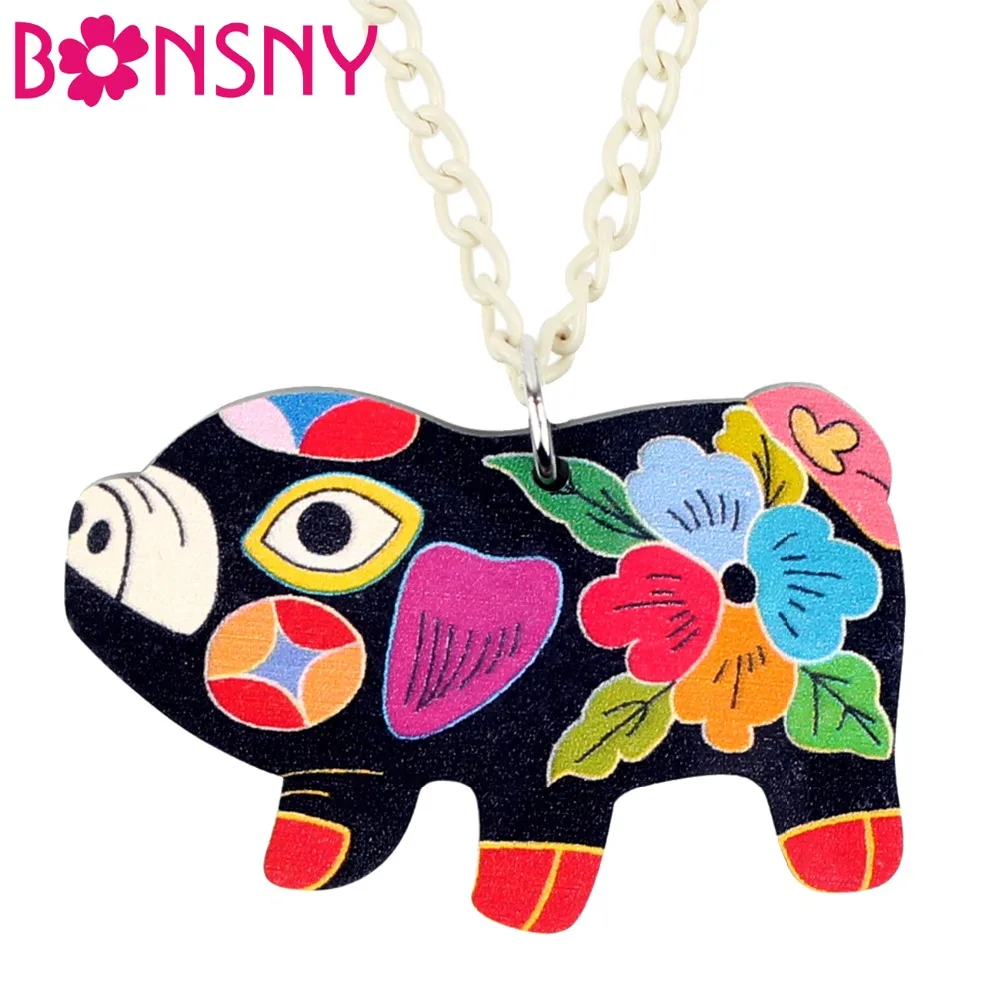 Bonsny Acrylic Floral Pig Piggy Necklace Pendant Chain Collars Cartoon Animal Chinese Zodiac Signs Jewelry For Women Girls Gift | Украшения