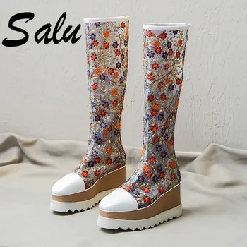 

Salu 2020 Women Summer Boots Genuine Leather 8Cm High Heel Platform Mesh Surface Breathable Knee High Boots Shoes Woman