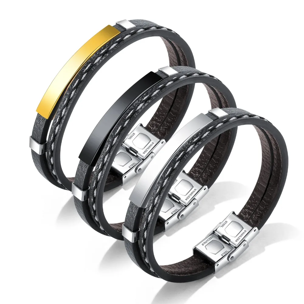 

Fashion Charm Double-deck Leather smooth Stainless Steel Bracelets&Bangles For Men Weaved Wristband Jewelry boy Gift