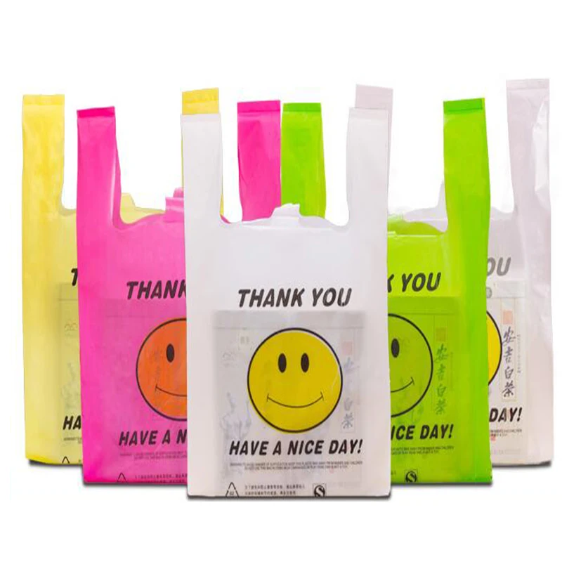 4 sizes 50pcs Cheap Smile face supermarket shopping bag vest bag plastic bags with handle snack ...