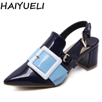

HAIYUELI Women Square Med Heel Streetwear Shoes Buckle Strap Faux Leather Slingback Sandals Oxfords Block Thick Heel Pumps Woman