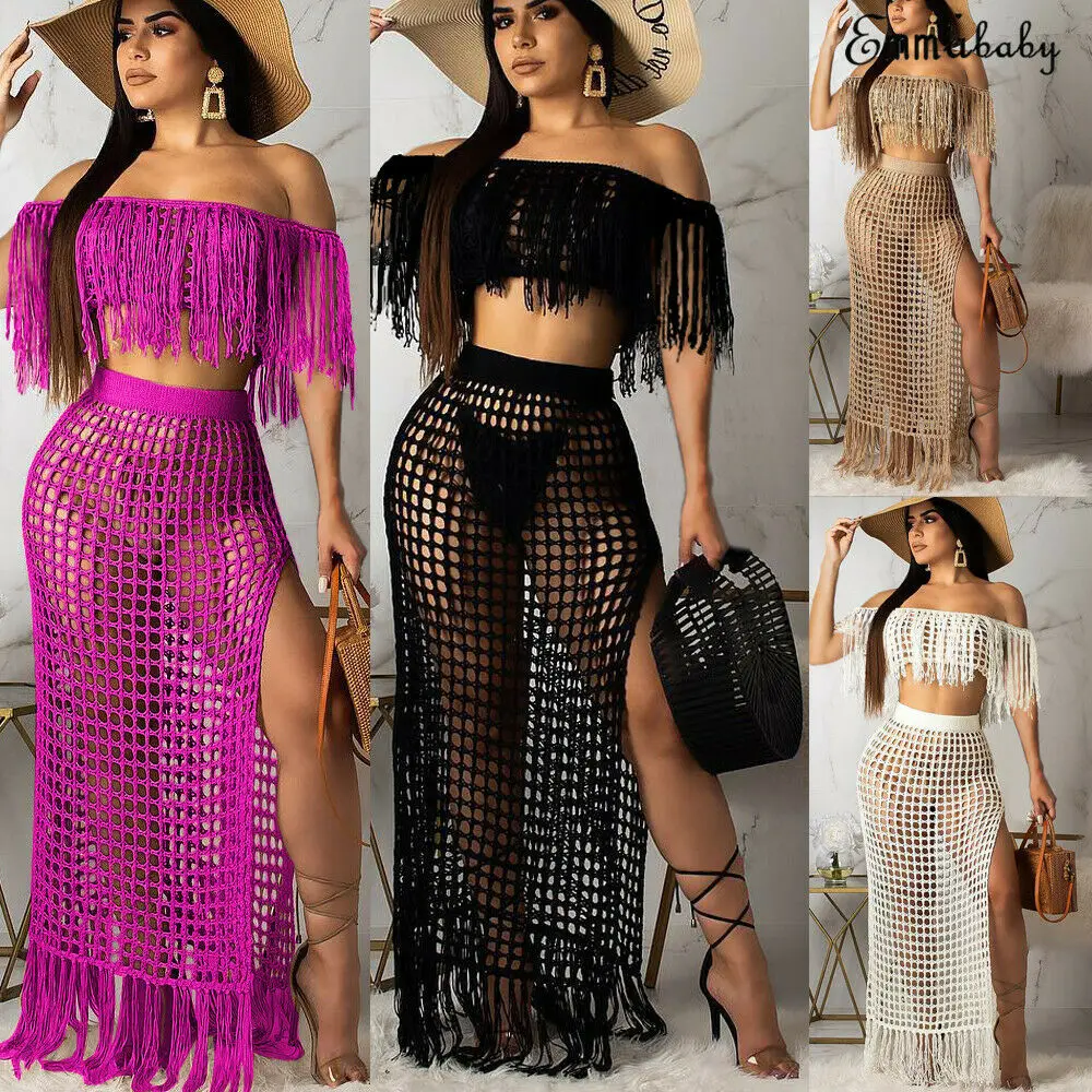 

2019 Newest Hot Women Hollow Out Perspective Tassel Boat Neck High Slit Casual Summer Off Shoulder Dress 2pcs Fish Net Cover Ups