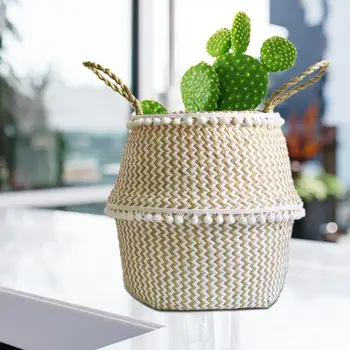 

Natural Seaweed Woven Handheld Toy Storage Basket Lacework Nordic Style Plant Flower Pots Hand-Knotted Foldable Flower Pots