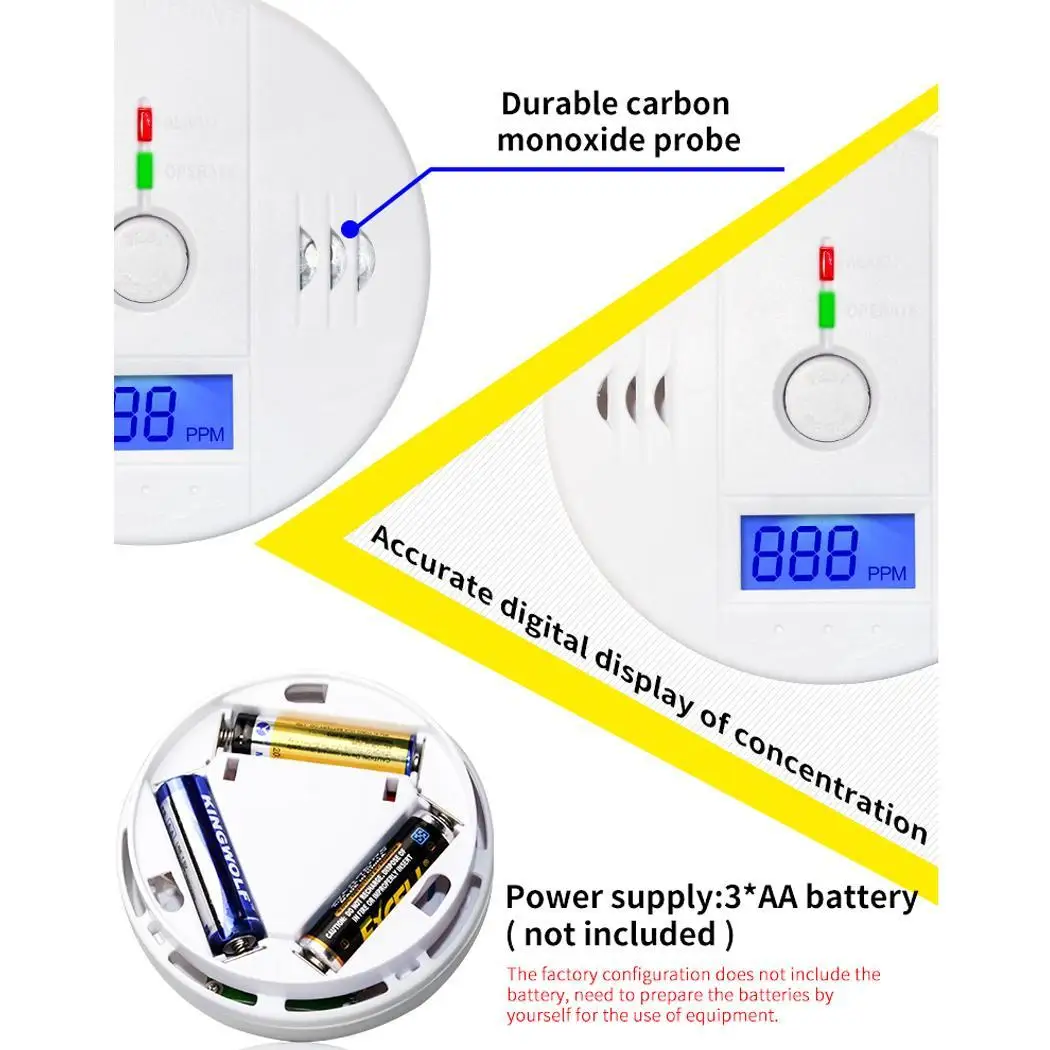 Охранных 85dB Высокочувствительный ЖК-дисплей окиси углерода 4-38 белый <80mA сигнализация предупреждающая о возможности отравления детектор