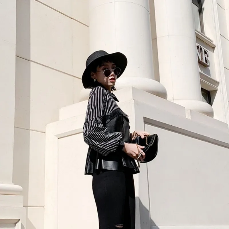 Женская тонкая талия из натуральной овечьей кожи, шифоновая Женская Полосатая черная блуза с длинным рукавом и отложным воротником, уличная одежда