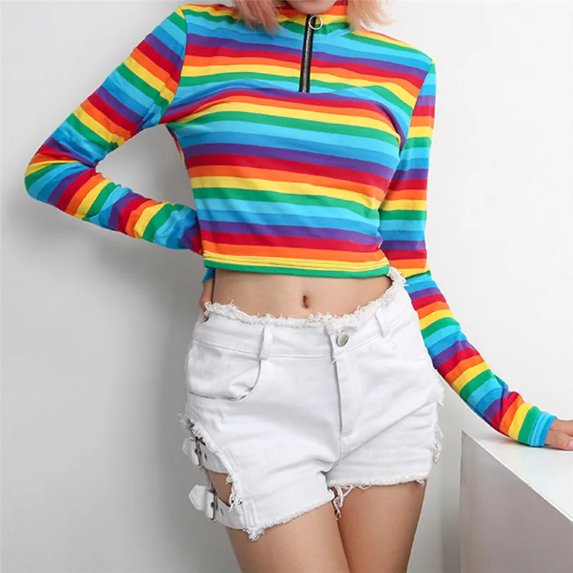 T-shirt Women Fashion Womens Long Sleeves Turtleneck Rainbow Color Zipper Tops T shirt Das Mulheres Dropshipping #F#40AT1303