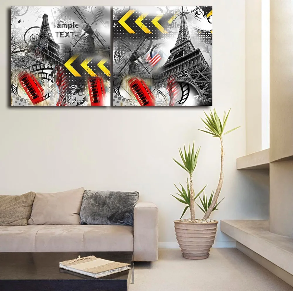 Vintage European Building Eiffle Tower Scenery Painting On Canvas Unframed Poster Picture Red Telephone Living Room Decor Murals