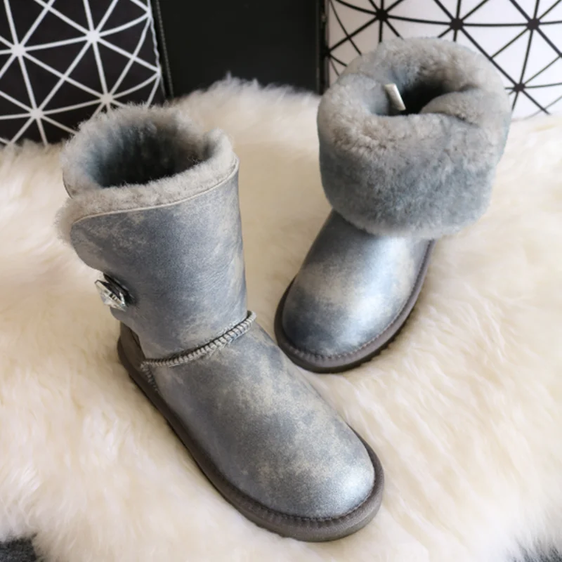 Luxury Brand Australia Sheepskin Snow Boots Natural Wool Sheep Fur In One  Boots Middle Button Waterproof Women Winter Boots