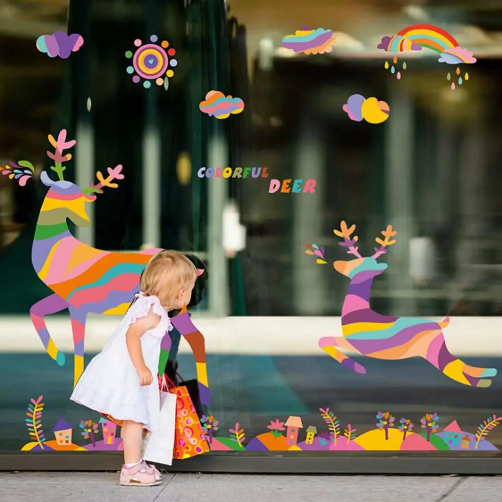 

New Christmas wall stickers Colorful Fairy Elk Deer Decals Kids Bedroom Bathroom Glass French Window dec adesivo de parede