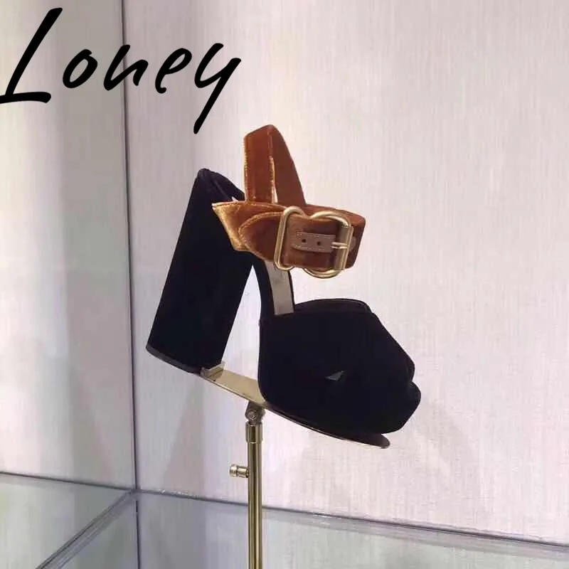

Loney New Black Velvet Sexy Platform Women Summer Sandals Open Toe Buckle Strap Chunky Heel HIgh Heel Sandals Shoes Women
