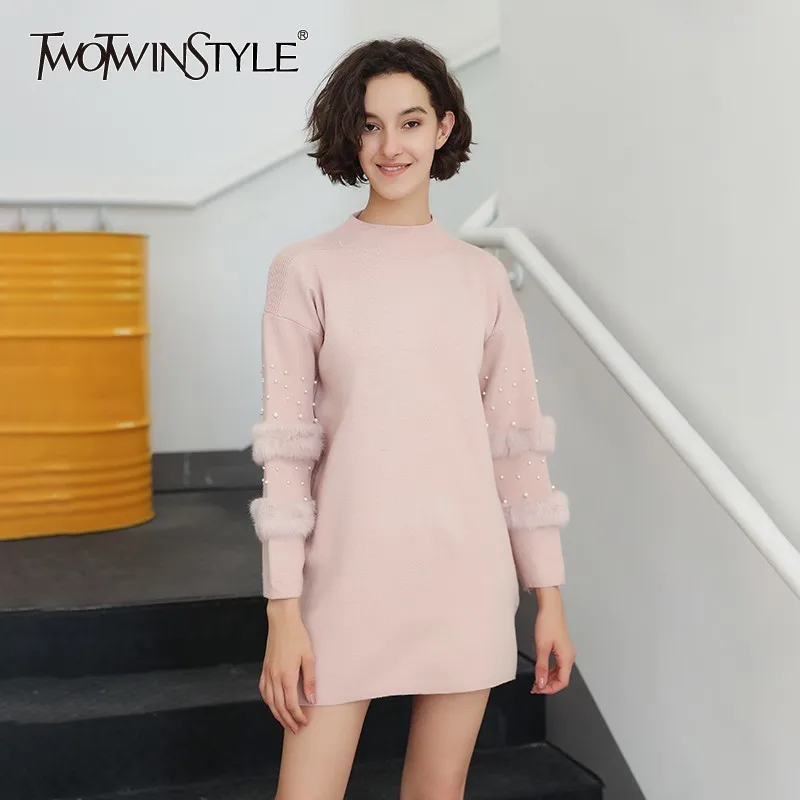 

TWOTWINSTYLE Knitting Sweater Female Pearl Fur Long Sleeve Pullovers For Women Autumn Jumpers Clothes Fashion Korean Style Tops