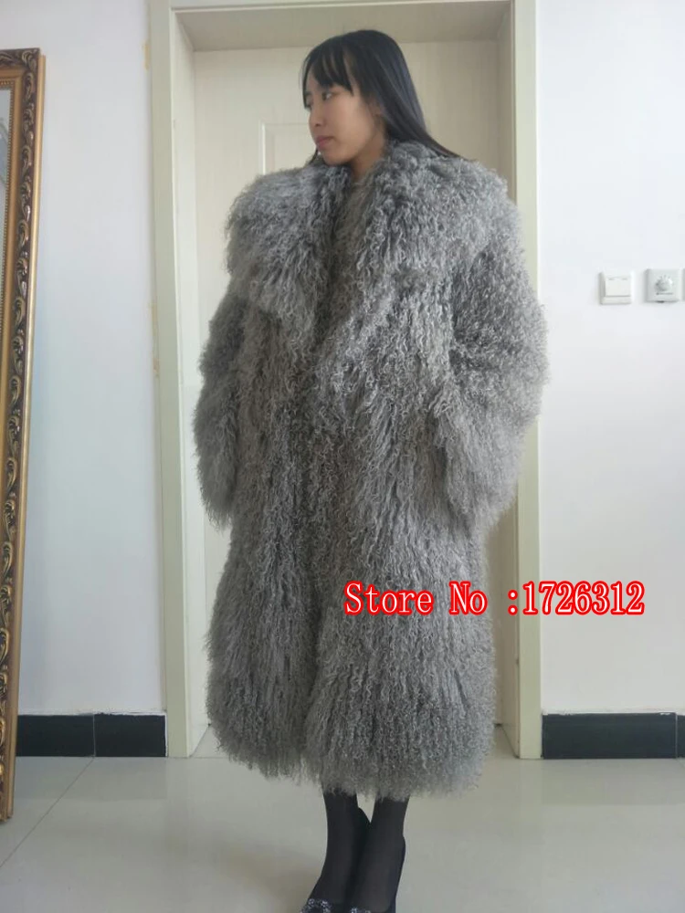 Женское длинное пальто из овчины с натуральным мехом ламы монгольская овечья шуба пляжная шерстяная Верхняя одежда с отложным воротником