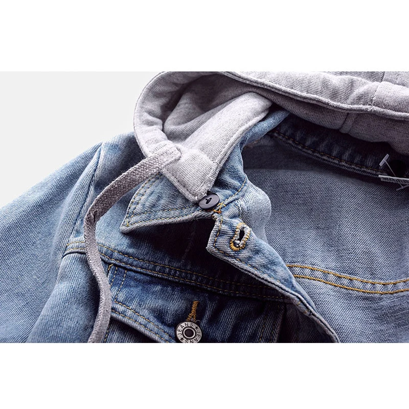Короткая джинсовая куртка размера плюс 5XL, осенняя Модная Джинсовая куртка-бомбер с капюшоном, джинсовая куртка со съемным капюшоном kz219