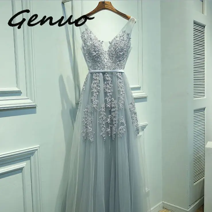 Genuo Новое сексуальное платье с v-образным вырезом Robe De Soiree Высокое качество Серый Тюль с аппликацией платья настоящая фотография vestido de festa - Цвет: Серый