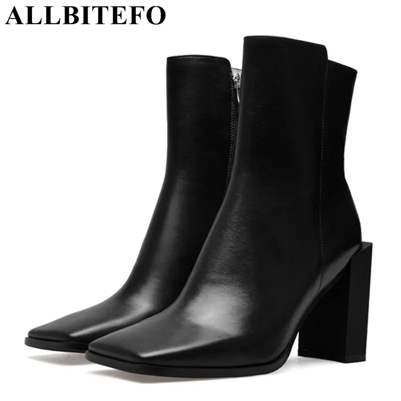 

ALLBITEFO fashion brand square toe Patent leather high heels women boots thick heel high quality martin boots girls boots