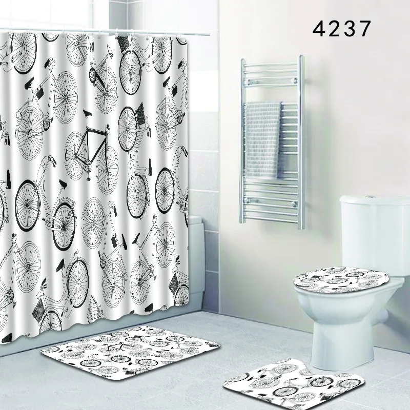 

Fleece bicycle Christmas Bathroom Shower Curtain and Rug Set 4pcs/set Toilet Mat Accessories Black and White Carpet 3D Bath Mat