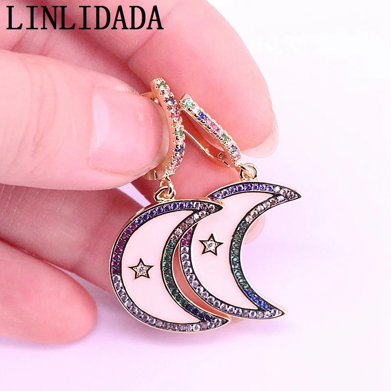 3Pair Gold Color Rainbow CZ Zirconia Pave Enamel Crescent Dangle Earring For Women
