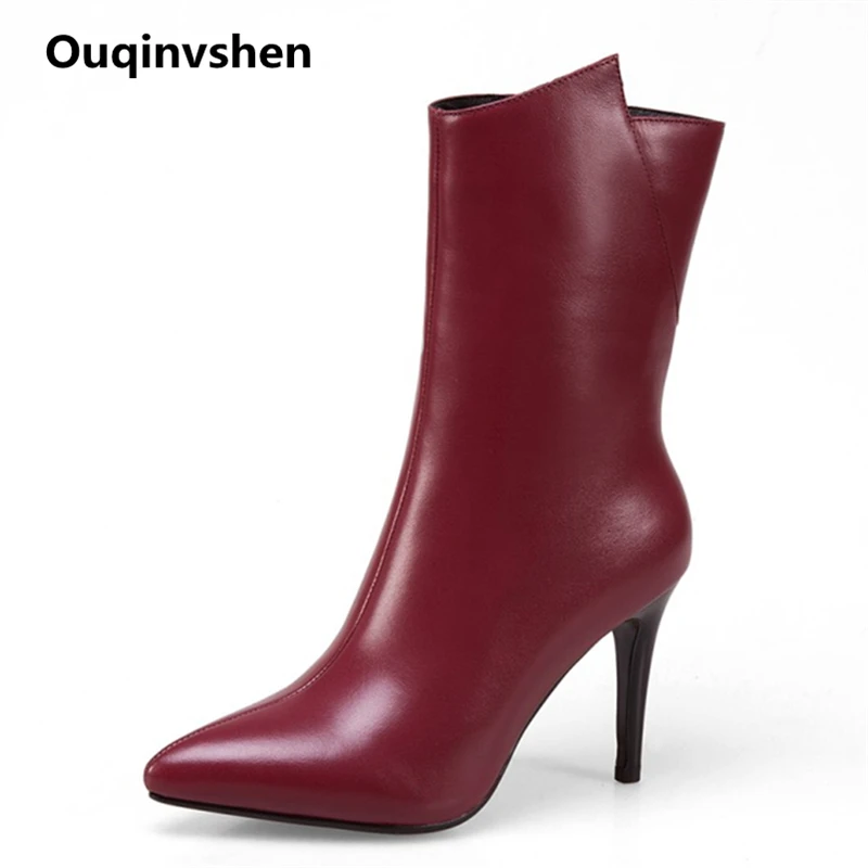 

Ouqinvshen Stiletto Pointed Toe High Heels Boots Plus Size Women Concise Fashion Ankle Boots Zipper Thin Heels Winter Boots 9CM