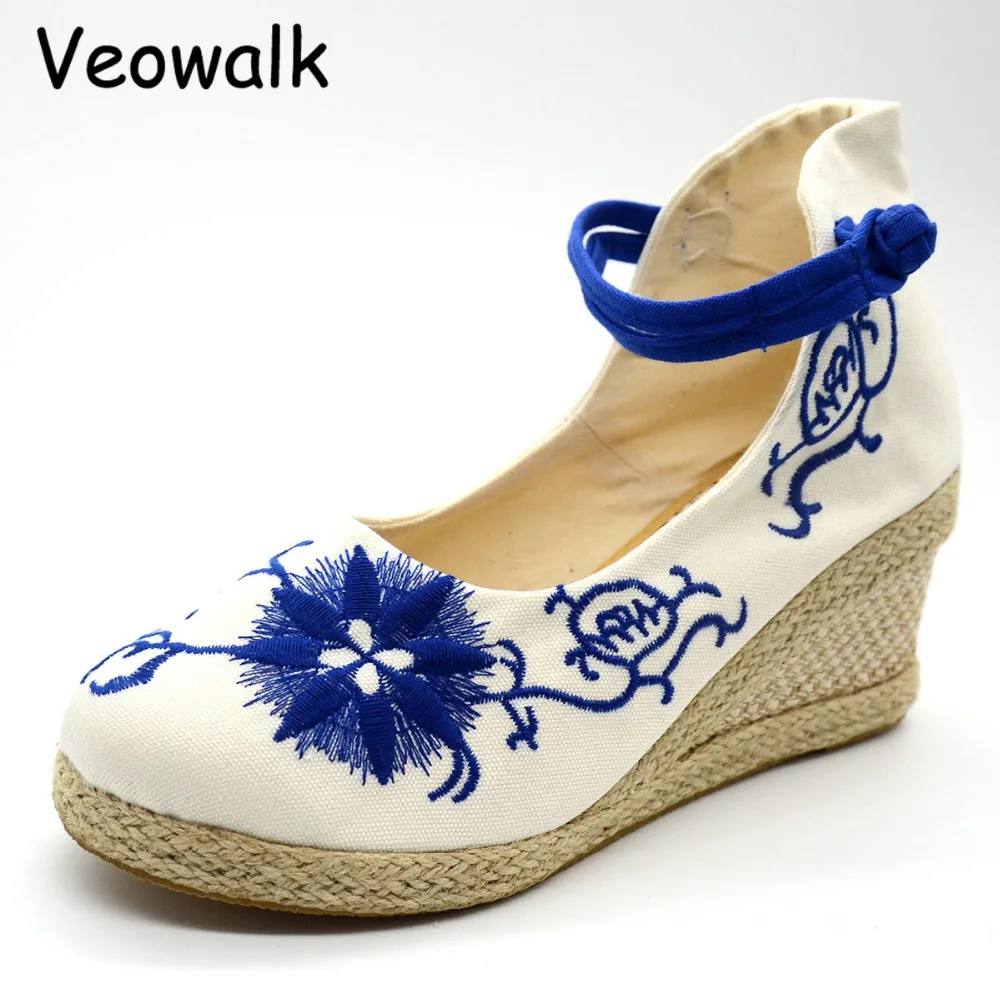 Veowalk Ankle Strap Women Flower Embroidered Canvas Wedge Med Heel