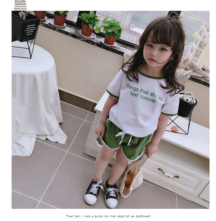 

2019 New Summer Item Girl Casual Suit Including Short Sleeve T-shirt+Shorts 2pcs Per Set Three Colors