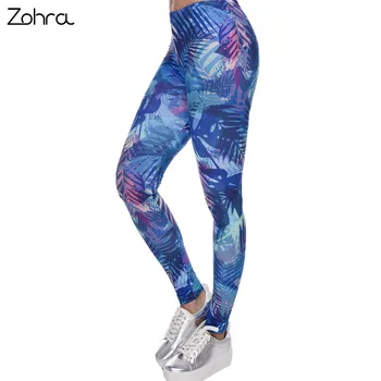 Zohra Women Tropical Leaves Printing Blue Fitness Legging