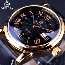 Orkina Classique Romain Série Affichage du Calendrier Caisse D’or Véritable Bracelet En Cuir Horloge Hommes Montres Top Marque De Luxe Montre À Quartz