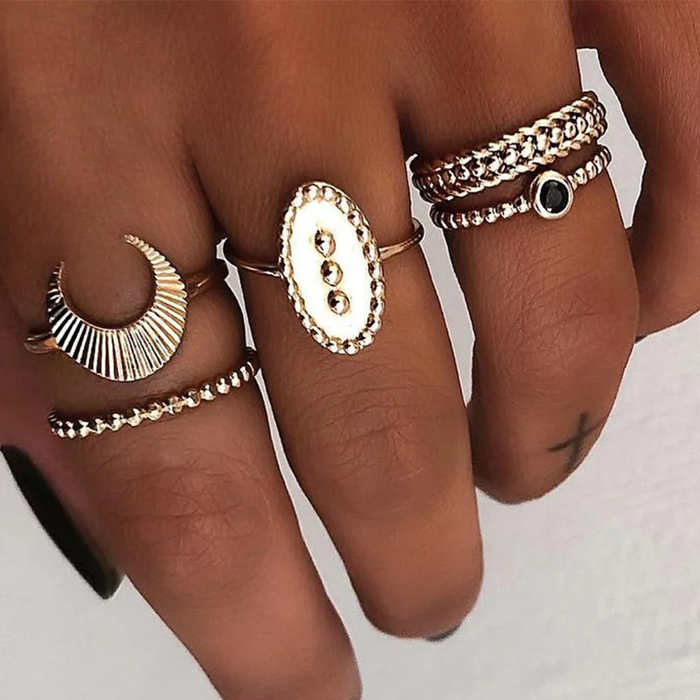 

5pcs/set Vintage Gold Crescent Geometric Joint Ring Set for Women Crystal Personality Design Ring Set Party Jewelry Gift