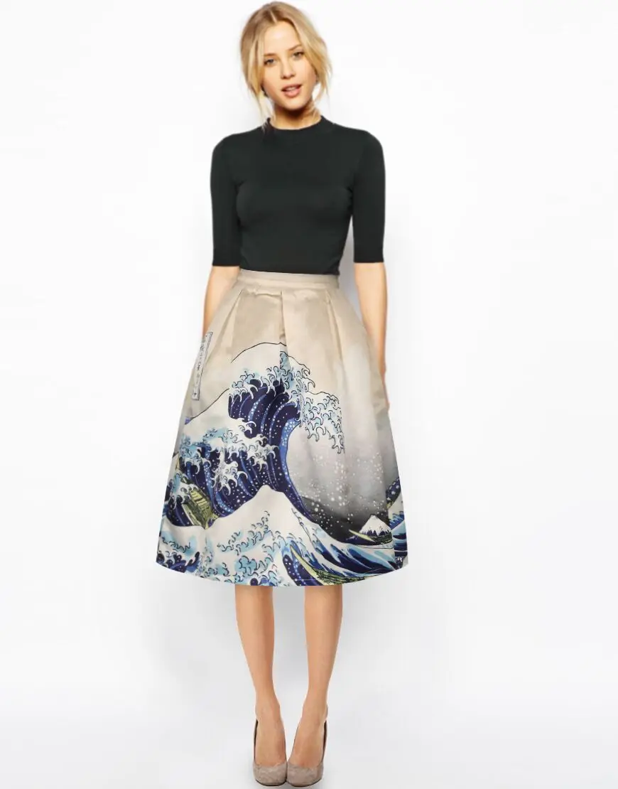 

2015 Tutu Women Skirt Elastic High Waist Pleated Blue Vintage 3D sea wave Printer Falda Skater Midi Skirts femme summer skirts