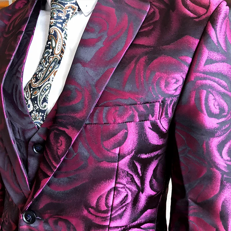 2019 Spring Suit Men 3 Pieces New Design Printed Rose Suit Male Fashionable Tide Casual Suit men Plus size