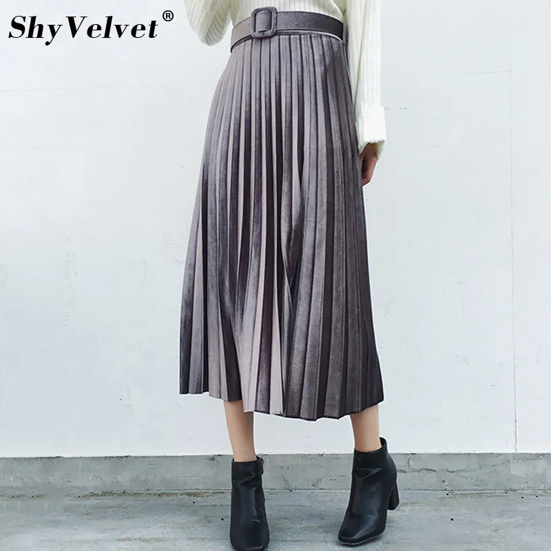 Women Velvet Long Skirt Autumn Winter Vintage Velour Pleated Skirts