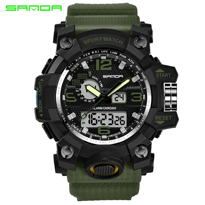 SANDA, спортивные мужские часы, роскошный светодиодный, цифровые, военные, кварцевые часы, мужские, водонепроницаемые, G стиль, наручные часы, мужские часы - Цвет: Зеленый